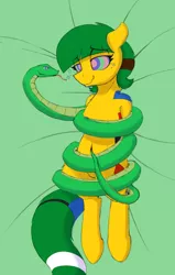 Size: 1232x1937 | Tagged: suggestive, artist:graboiidz, derpibooru import, oc, oc:blocky bits, unofficial characters only, earth pony, pony, snake, belly button, coils, constriction, hypnosis, kaa eyes, navel play, solo