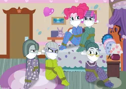 Size: 1058x755 | Tagged: safe, artist:robukun, derpibooru import, cloudy quartz, limestone pie, marble pie, maud pie, pinkie pie, equestria girls, bedroom bondage, bondage, bound and gagged, cloth gag, clothes, equestria girls-ified, footed sleeper, footie pajamas, gag, hair curlers, nightgown, otn gag, over the nose gag, pajamas, rope, rope bondage, tied up