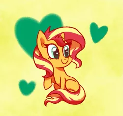 Size: 701x659 | Tagged: safe, artist:doodledaydreamer, artist:doodledaydreamer-mlp, derpibooru import, sunset shimmer, pony, unicorn, chibi, cute, female, heart, mare, shimmerbetes, simple background, sitting, solo, yellow background