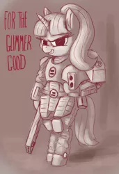 Size: 1366x2000 | Tagged: safe, artist:t72b, derpibooru import, starlight glimmer, pony, tau, armor, bipedal, equal cutie mark, fire warrior, grin, helm, heresy, hoof hold, oh no, pulse rifle, s5 starlight, smiling, solo, stalin glimmer, tau empire, the tau empire are not space commies, warhammer (game), warhammer 40k