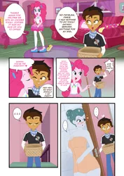 Size: 2480x3507 | Tagged: suggestive, artist:susuki-san, derpibooru import, cloudy quartz, pinkie pie, oc, oc:copper plume, comic:the copperpie chronicles, comic:the copperpie chronicles - mother's charm, equestria girls, ..., basket, bathroom, blushing, bow, breasts, broom, busty cloudy quartz, canon x oc, carpet, chair, clothes, comic, commission, commissioner:imperfectxiii, copperpie, couch, curtains, equestria girls-ified, female, freckles, geode of sugar bombs, glasses, hair bow, kiss on the cheek, kissing, lidded eyes, living room, looking back, looking over shoulder, magical geodes, male, milf, miniskirt, neckerchief, one eye closed, pants, pantyhose, pinkie pie's house, salute, sandals, shipping, shirt, shoes, skirt, speech bubble, stairs, straight, surprised, throw pillow, towel, wet hair, whistling, window