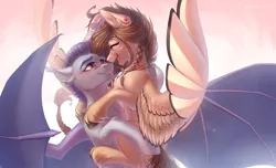 Size: 3300x2000 | Tagged: safe, artist:fenwaru, derpibooru import, oc, oc:ondrea, oc:thunder run, unofficial characters only, bat pony, pegasus, bat pony oc, bat wings, thundrea, wings