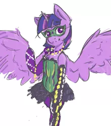 Size: 553x632 | Tagged: safe, artist:laptopdj, derpibooru import, twilight sparkle, twilight sparkle (alicorn), alicorn, pony, semi-anthro, beads, clothes, cute, mask, miniskirt, pantyhose, simple background, skirt, solo, white background