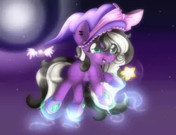 Size: 1421x1093 | Tagged: safe, artist:ladyfrezi, derpibooru import, oc, unofficial characters only, earth pony, pony, chest fluff, ear piercing, earring, earth pony oc, female, flying, full moon, glow, hat, jewelry, levitation, magic, magic wand, mare, moon, night, piercing, self-levitation, smiling, stars, telekinesis, witch hat, wristband