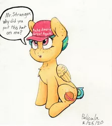 Size: 1280x1443 | Tagged: safe, artist:awesometheweirdo, derpibooru import, oc, oc:apogee, unofficial characters only, pegasus, pony, body freckles, confused, cute, cutie mark, female, filly, freckles, hat, implied anon, make america great again, politics, signature, simple background, sitting, traditional art, watercolor painting, white background