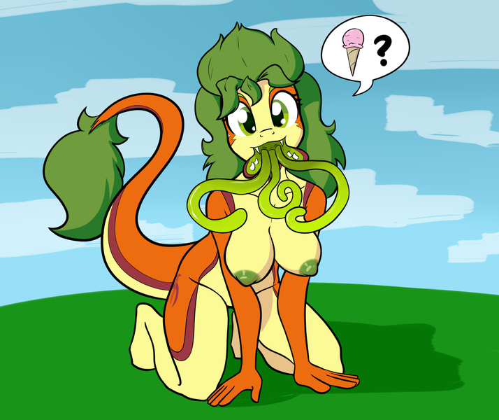 Size: 1836x1542 | Tagged: questionable, artist:whatsapokemon, derpibooru import, oc, oc:non toxic, unofficial characters only, anthro, monster pony, original species, tatzlpony, adoracreepy, all fours, anthro oc, areola, breasts, creepy, cute, fangs, female, looking at you, mare, nipples, nudity, open mouth, rule 63, simple background, solo, solo female, tentacle tongue, tentacles, tongue out