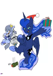 Size: 1451x2048 | Tagged: safe, artist:omegapony16, derpibooru import, princess luna, oc, oc:oriponi, alicorn, bat pony, pony, :o, armor, bat pony oc, bat wings, bomb, christmas, clothes, crown, duo, ear piercing, earring, ethereal mane, female, grenade, hat, holiday, hoof hold, hoof shoes, jewelry, mare, open mouth, peytral, piercing, present, regalia, santa hat, santa sack, scared, signature, simple background, starry mane, vest, weapon, white background, wings