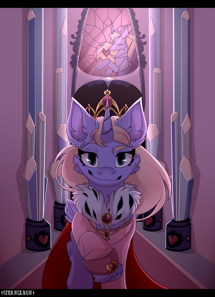 Size: 1445x2000 | Tagged: safe, artist:strangebun, derpibooru import, oc, oc:empress felicity, unofficial characters only, alicorn, pony, alicorn oc, cape, clothes, coat, crown, crystal, crystal empire, female, fur coat, heart, horn, jewelry, looking at you, mare, necklace, regalia, solo, stained glass, wings