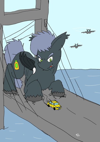 Size: 1451x2048 | Tagged: safe, artist:omegapony16, derpibooru import, oc, unofficial characters only, bat pony, pony, bat pony oc, bat wings, bridge, car, jet, jet fighter, macro, male, open mouth, plane, stallion, taxi, unshorn fetlocks, water, wings