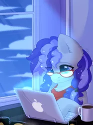 Size: 2048x2732 | Tagged: safe, artist:alphadesu, derpibooru import, oc, oc:cinnabyte, unofficial characters only, earth pony, pony, adorkable, bandana, coffee, computer, cute, dork, female, glasses, laptop computer, macbook, mare, night, room, smiling, solo, working