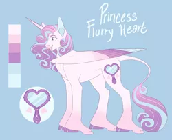 Size: 3000x2435 | Tagged: safe, artist:puppygeist, derpibooru import, princess flurry heart, alicorn, classical unicorn, pony, unicorn, blue background, cloven hooves, colored wings, colored wingtips, female, leonine tail, mare, older, older flurry heart, reference sheet, simple background, solo, unshorn fetlocks, wings