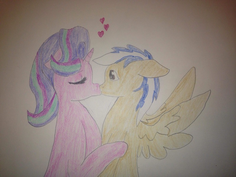 Size: 3264x2448 | Tagged: safe, artist:carlos324, derpibooru import, starlight glimmer, oc, oc:carlos, oc:lightning burn, pegasus, unicorn, canon x oc, eyes open, female, heart, kissing, love, male, romance, shipping, starlightning, starlos, straight, surprise kiss, traditional art