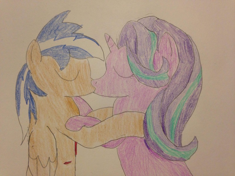 Size: 3264x2448 | Tagged: safe, artist:carlos324, derpibooru import, starlight glimmer, oc, oc:carlos, oc:lightning burn, pegasus, unicorn, canon x oc, eyes closed, female, kissing, love, male, romance, shipping, starlightning, starlos, straight, traditional art