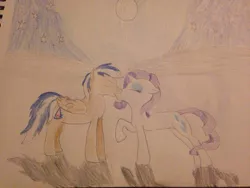 Size: 1024x768 | Tagged: safe, artist:carlos324, derpibooru import, rarity, oc, oc:carlos, oc:lightning burn, pegasus, unicorn, beautiful background, canon x oc, color pencil drawing, female, love, moon, rarilightning, rarilos, romance, shipping, traditional art