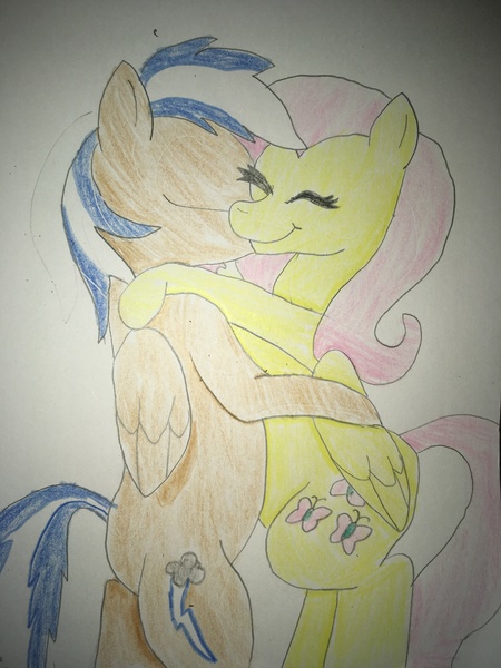 Size: 3024x4032 | Tagged: safe, artist:carlos324, derpibooru import, fluttershy, oc, oc:carlos, oc:lightning burn, pegasus, canon x oc, carloshy, color pencil drawing, flutterlos, hug, hugs and kisses, love, romance, shylos, traditional art