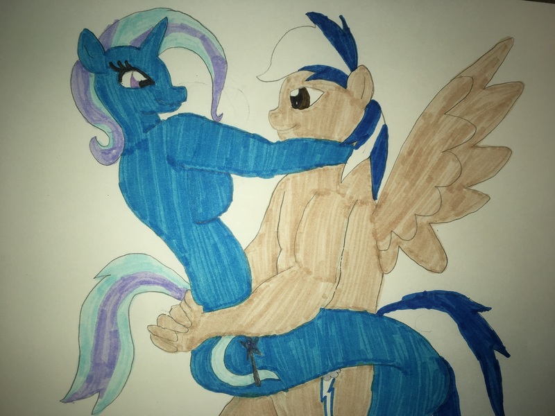 Size: 2048x1536 | Tagged: suggestive, artist:carlos324, derpibooru import, trixie, oc, oc:carlos, oc:lightning burn, anthro, pegasus, unicorn, breasts, canon x oc, carlixie, female, male, marker drawing, romance, shipping, straight, traditional art