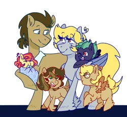 Size: 1280x1173 | Tagged: safe, artist:cubbybatdoodles, derpibooru import, derpy hooves, ditzy doo, doctor whooves, time turner, oc, oc:brown butter, oc:hopscotch, oc:whimsical note, oc:wind biter, earth pony, pegasus, pony, unicorn, colt, daughter, doctorderpy, family, father, father and child, father and daughter, father and son, female, filly, foal, glasses, male, mare, mother, mother and child, mother and daughter, mother and son, offspring, one eye closed, parent:derpy hooves, parent:ditzy doo, parent:doctor whooves, parent:time turner, parents:doctorderpy, shipping, son, stallion, straight, teething ring, tooth gap, underp, unshorn fetlocks