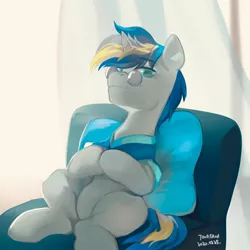 Size: 2048x2048 | Tagged: safe, artist:tingsan, derpibooru import, oc, oc:dopami korpela, unofficial characters only, pony, unicorn, backlighting, cape, chair, clothes, couch, curtains, glasses, looking at you, male, older, pillow, shawl, sitting, skunk stripe, solo