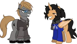 Size: 2000x1142 | Tagged: safe, artist:theeditormlp, derpibooru import, oc, oc:the deafhorse, oc:the editor, unofficial characters only, alicorn, bat pony, bat pony alicorn, earth pony, pony, bat wings, clothes, glasses, horn, male, scarf, shirt, simple background, stallion, transparent background, vest, wings