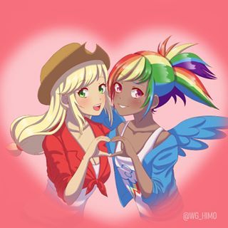 Size: 320x320 | Tagged: safe, artist:himo, derpibooru import, kotobukiya, applejack, rainbow dash, human, equestria girls, anime, appledash, cute, dashabetes, female, friends, heart hands, humanized, jackabetes, kotobukiya applejack, kotobukiya rainbow dash, lesbian, shipping