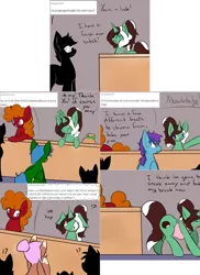 Size: 2402x3304 | Tagged: safe, artist:kaggy009, derpibooru import, oc, oc:mama j, oc:peppermint pattie (unicorn), oc:starsong, oc:sugar dip, unofficial characters only, earth pony, pony, unicorn, apron, ask peppermint pattie, clothes, female, mare