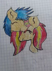 Size: 763x1047 | Tagged: safe, artist:arbuzozozila, derpibooru import, flash sentry, sunset shimmer, pony, female, flashimmer, graph paper, hug, male, shipping, straight, traditional art