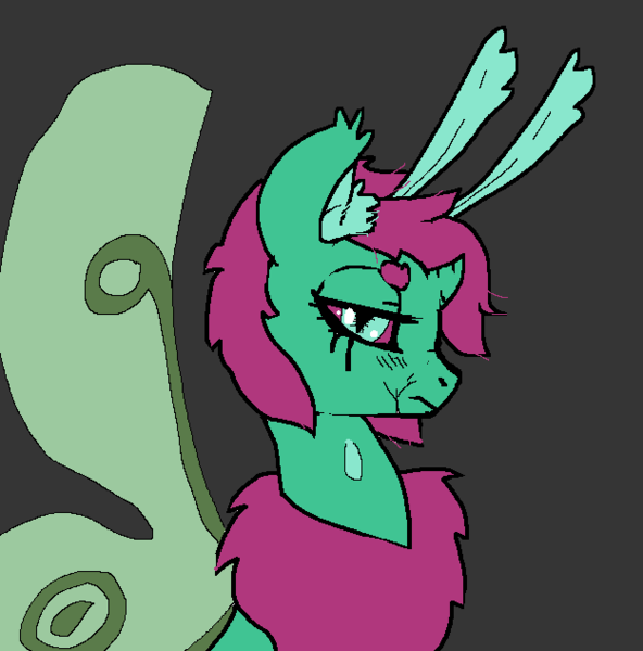 Size: 625x633 | Tagged: 4chan, artist:buttercupsaiyan, artist:watercolorheart, changeling, cute, derpibooru import, female, fluffy, green coat, insect, mlpg, moth, mothpony, ms paint, oc, oc:pupa, original species, pink eyes, profile, pupa, safe