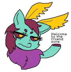 Size: 625x633 | Tagged: 4chan, artist:buttercupsaiyan, artist:watercolorheart, bored, changeling pony, deadpan, derpibooru import, fluffy, friendzone, insect, meme, mlpg, moth, mothpony, ms paint, my little pony general, oc, oc:pupa, original species, pink eyes, pupa, safe, simple background, text, welcome to the friend zone, white background, wingding eyes