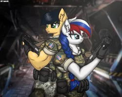 Size: 3102x2461 | Tagged: safe, artist:maxiclouds, derpibooru import, oc, oc:marussia, ponified, alien, anthro, pony, alien (franchise), aliens: colonial marines, armor, back to back, biceps, colonial marines, colony corridors, duo, female, gun, m41a pulse rifle, male, military, military uniform, nation ponies, russia, weapon