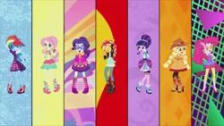 Size: 1280x720 | Tagged: safe, derpibooru import, screencap, applejack, fluttershy, pinkie pie, rainbow dash, rarity, sci-twi, sunset shimmer, twilight sparkle, equestria girls, friendship through the ages, rainbow rocks, ancient wonderbolts uniform, clothes, country applejack, folk fluttershy, humane five, humane seven, humane six, new wave pinkie, rainbow punk, sgt. rarity, the rainbooms, uniform