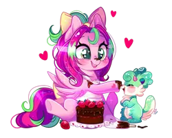 Size: 800x640 | Tagged: safe, artist:ipun, derpibooru import, oc, oc:gadget, oc:precious metal, unofficial characters only, pegasus, pony, apron, bow, cake, chibi, clothes, cute, deviantart watermark, female, food, hair bow, heart, mare, obtrusive watermark, ocbetes, simple background, strawberry, transparent background, watermark, wingding eyes