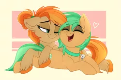 Size: 2557x1684 | Tagged: safe, artist:thegamblehorse, deleted from derpibooru, derpibooru import, oc, oc:minty pop, oc:parlay, unofficial characters only, earth pony, cute, female, freckles, happy, jewelry, lesbian, necklace, ocbetes, oc x oc, parpop, shipping, unshorn fetlocks