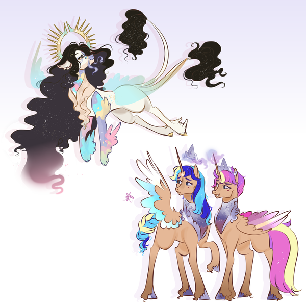 Size: 3000x3000 | Tagged: safe, artist:bunnari, derpibooru import, oc, oc:astral serenity, oc:cosmic harmony, oc:eterna, unofficial characters only, alicorn, draconequus, hybrid, pony, alicorn oc, crown, draconequus oc, female, high res, horn, interspecies offspring, jewelry, magic, mare, offspring, parent:discord, parent:flash sentry, parent:princess celestia, parent:twilight sparkle, parents:dislestia, parents:flashlight, regalia, siblings, sisters, telekinesis, twin sisters, twins, unshorn fetlocks, wings