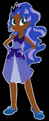 Size: 230x570 | Tagged: safe, artist:emmakkkkk, derpibooru import, princess luna, human, equestria girls, alternate hairstyle, black background, clothes, crown, dark skin, dress, evening gloves, female, flats, gloves, humanized, jewelry, long gloves, regalia, shoes, simple background, solo