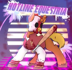 Size: 3369x3239 | Tagged: semi-grimdark, artist:almond evergrow, derpibooru import, bat, pony, unicorn, aesthetics, blood, chicken mask, clothes, fanart, game, hotline miami, jacket, male, parody, stallion, tree, vaporwave, video game