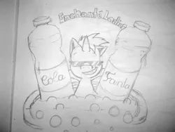 Size: 1280x960 | Tagged: safe, artist:freakinbambam, derpibooru import, oc, unofficial characters only, pony, unicorn, bath, coca-cola, colt, fanta, grin, horn, lineart, male, smiling, smirk, solo, sunglasses, traditional art, unicorn oc