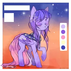Size: 724x724 | Tagged: safe, artist:okameinko, derpibooru import, oc, oc:starfish galaxy, unofficial characters only, pegasus, pony, adopted oc, bandana, eyes closed, female, mare, multicolored hair, multicolored mane, reference sheet, sky, solo, stars