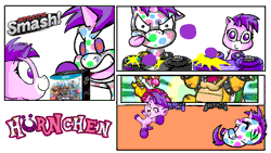 Size: 1280x720 | Tagged: safe, artist:freakinbambam, derpibooru import, oc, oc:pinky, unofficial characters only, human, pony, unicorn, :p, animated, annoyed, bowser, chibi, colored hooves, colt, comic, controller, female, filly, frying pan, happy, horn, horseshoes, link, male, on back, princess peach, smiling, super mario bros., super princess peach, super smash bros., super smash bros. 4, the legend of zelda, tongue out, unicorn oc, video game, wingding eyes