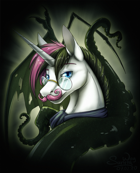 Size: 1000x1238 | Tagged: safe, artist:sunny way, derpibooru import, oc, oc:deon adamson, pony, unicorn, bust, clothes, commission, facial hair, finished commission, glasses, horn, lovecraft, male, moustache, portrait, reading, scarf, solo, spider legs, stallion, tentacles, wings