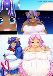 Size: 1000x1436 | Tagged: safe, artist:kurocaze-s, derpibooru import, edit, editor:shiftyshades, fluttershy, rarity, twilight sparkle, anthro, bat pony, human, belly, big belly, big breasts, breasts, busty fluttershy, chocolarity, chubbity, chubby, chubbyshy, chubby twilight, clothes, dark skin, eared humanization, embarrassed, exclamation point, fat, fattershy, flutterbat, horn, horned humanization, humanized, ill fitting clothes, interrobang, obese, off shoulder, question mark, race swap, raritubby, surprised, sweater, sweatershy, tailed humanization, twilard sparkle, weight gain