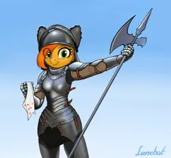 Size: 1642x1516 | Tagged: anthro, armor, artist:lunebat, derpibooru import, eye clipping through hair, female, halberd, knight, oc, oc:camber, safe, solo, tissue, weapon