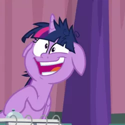 Size: 831x831 | Tagged: safe, derpibooru import, screencap, twilight sparkle, twilight sparkle (alicorn), alicorn, pony, derpibooru, a trivial pursuit, bell, crazy face, cropped, faic, floppy ears, juxtaposition, messy mane, meta, solo, twilight snapple