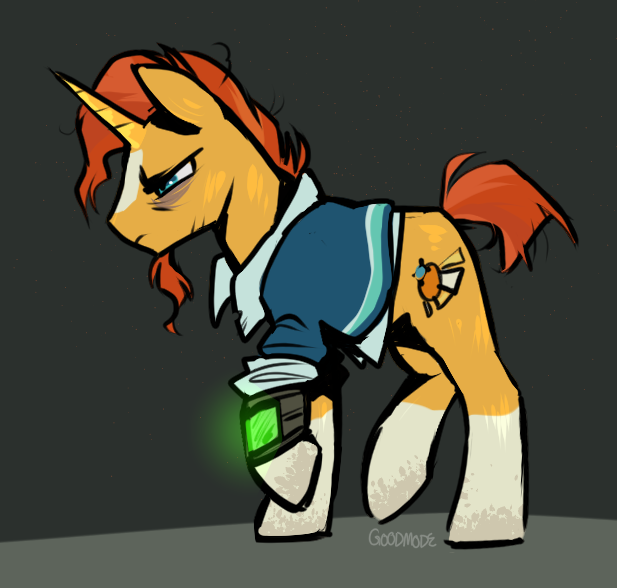 Size: 617x588 | Tagged: safe, artist:goodmode, deleted from derpibooru, derpibooru import, sunburst, unicorn, fallout equestria, male, pipboy, pipbuck, solo, stallion