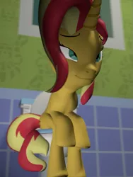 Size: 539x715 | Tagged: safe, artist:unknownface24, derpibooru import, sunset shimmer, pony, unicorn, 3d, but why, female, fetish, image, implied pooping, mare, png, solo, sunshit shimmer, toilet