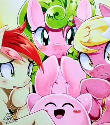 Size: 903x1024 | Tagged: safe, artist:025aki, derpibooru import, daisy, flower wishes, lily, lily valley, roseluck, earth pony, pony, blushing, crossover, female, flower trio, kirby, kirby (character), mare, traditional art, worried