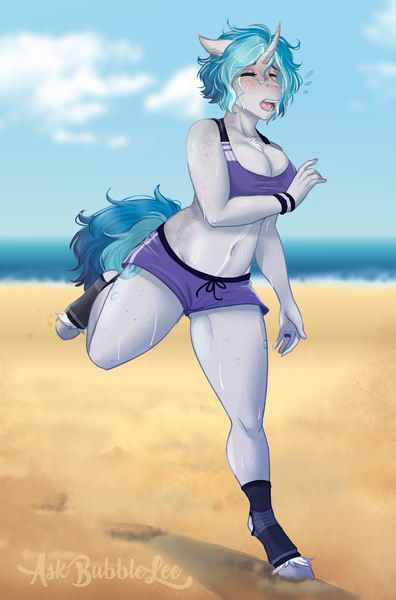 Size: 2099x3181 | Tagged: safe, artist:askbubblelee, derpibooru import, oc, oc:bubble lee, unofficial characters only, anthro, unguligrade anthro, unicorn, anthro oc, arm freckles, beach, belly button, big breasts, blushing, body freckles, breasts, chest fluff, cleavage, cleavage fluff, clothes, cloud, coat markings, cute, cute little fangs, digital art, ear fluff, engagement ring, exercise, eyes closed, fangs, female, floppy ears, freckles, hoof wraps, jewelry, jogging, leg freckles, mare, midriff, neck freckles, ring, shorts, shoulder freckles, sky, solo, sports bra, sports shorts, sweat, unshorn fetlocks, water, wristband