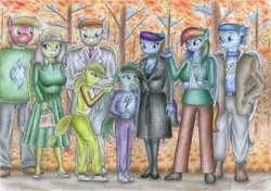 Size: 2330x1640 | Tagged: safe, artist:sinaherib, derpibooru import, big macintosh, fluttershy, rainbow dash, soarin', oc, oc:rainfall, oc:snow blossom, oc:stardancer, oc:summer wind, anthro, plantigrade anthro, arm sling, clothes, dress, female, fluttermac, hat, male, offspring, pants, parent:big macintosh, parent:fluttershy, parent:rainbow dash, parent:soarin', parents:fluttermac, parents:soarindash, purse, running of the leaves, shipping, soarindash, stallion, straight, suit, traditional art