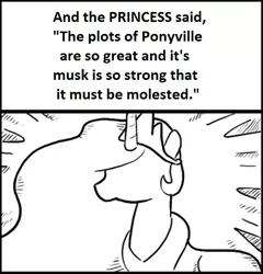 Size: 612x638 | Tagged: suggestive, artist:pierrezaius, derpibooru import, edit, princess celestia, alicorn, pony, princess molestia, black and white, butt, caption, chick tract, cropped, female, grayscale, grocers' apostrophe, image macro, mare, misspelling, monochrome, plot, silhouette, simple background, text, white background