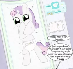 Size: 1533x1461 | Tagged: safe, artist:millifoal, derpibooru import, sweetie belle, pony, unicorn, changing table, cute, diaper, female, filly, foal, wipes