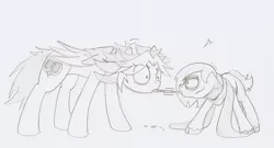 Size: 1167x629 | Tagged: safe, artist:ravenpuff, deleted from derpibooru, derpibooru import, oc, oc:fisheyes, oc:owl eyes, unofficial characters only, earth pony, pegasus, pony, worm, bags under eyes, behaving like a bird, clothes, colt, duo, earth pony oc, female, male, mare, pegasus oc, scarf, traditional art, unshorn fetlocks, wide eyes, wings